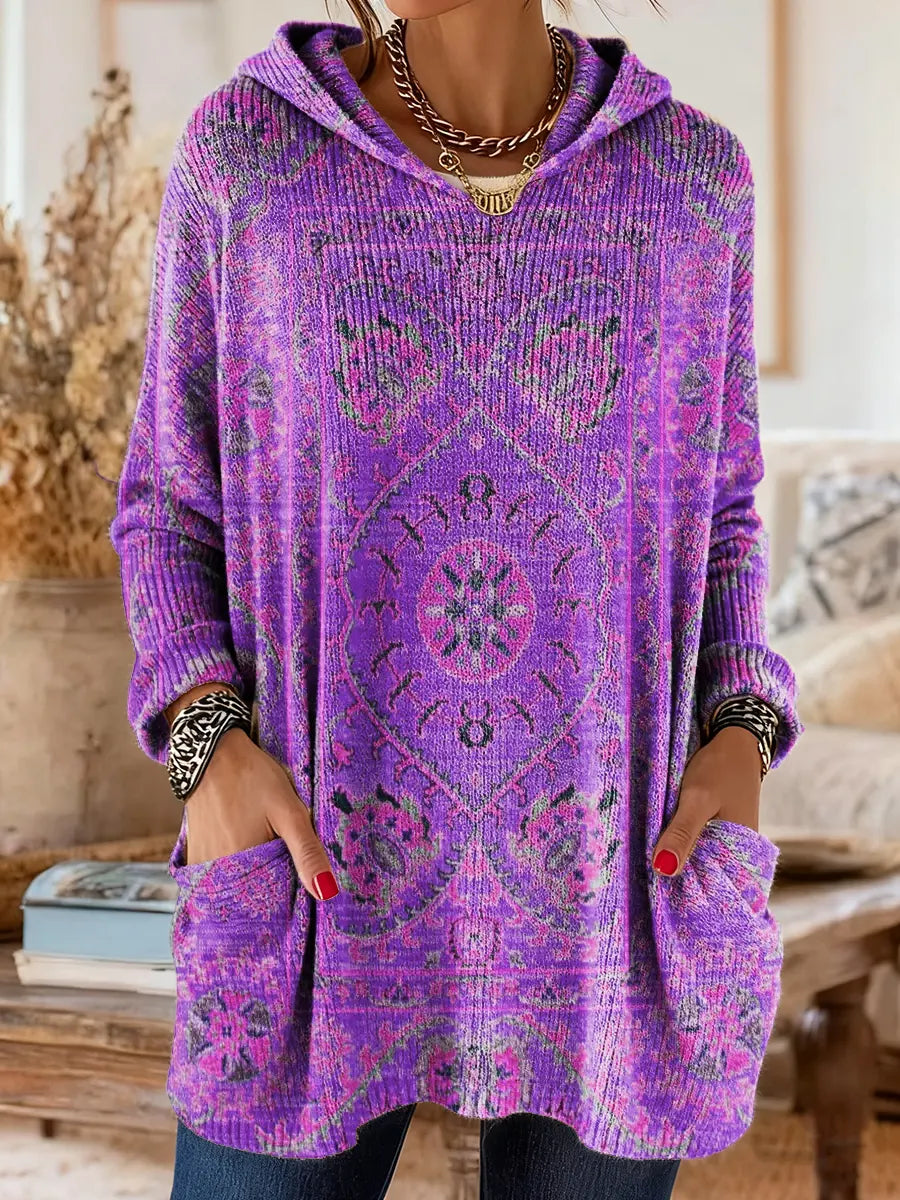 Vintage-geïnspireerde hoodie tuniek met zakken en etnische print
