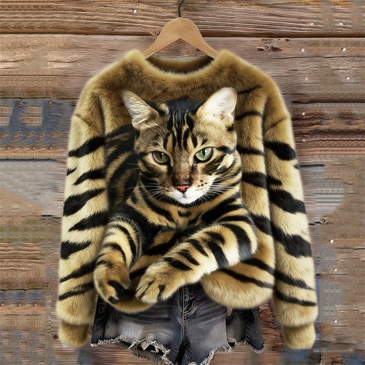 Gezellig Pluche Sweatshirt met een Tijger- en Tabby-Kitten-Design