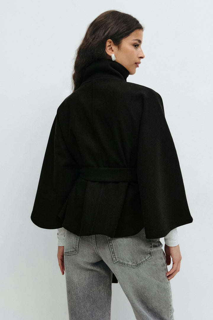Cape Jas Dames Regular Fit Hoge Kraag Strik Ceintuur Winter