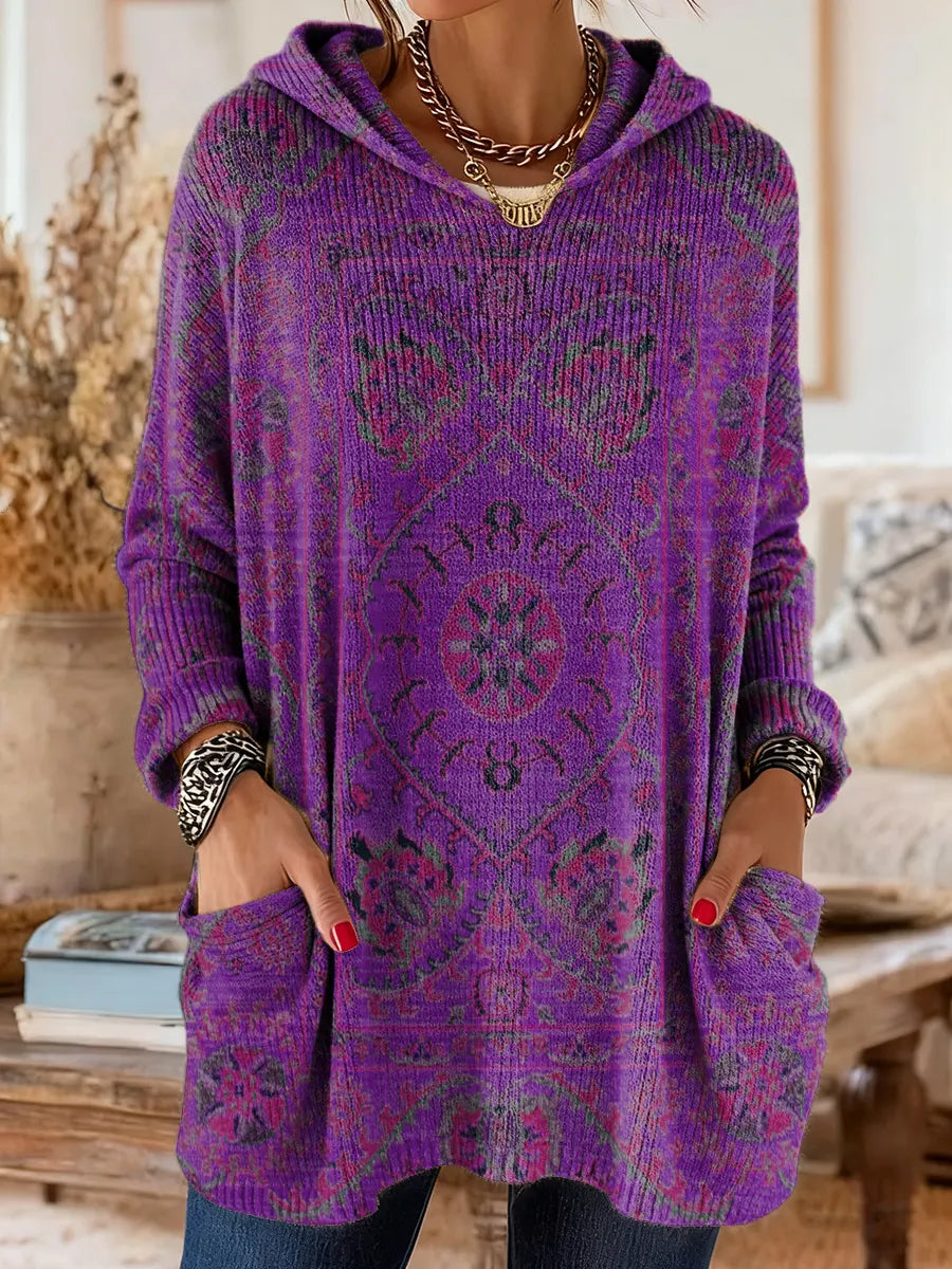 Vintage-geïnspireerde hoodie tuniek met zakken en etnische print