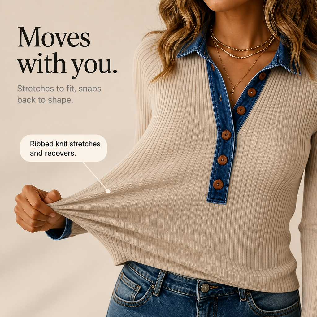 Denali Rowe – Kraag van denim-look, geribbelde gebreide top