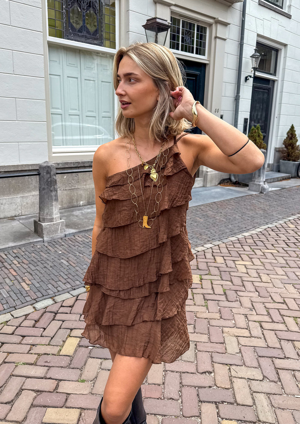 Mini Jurk Dames Ruches Asymmetrisch Schouderband Casual Zomer