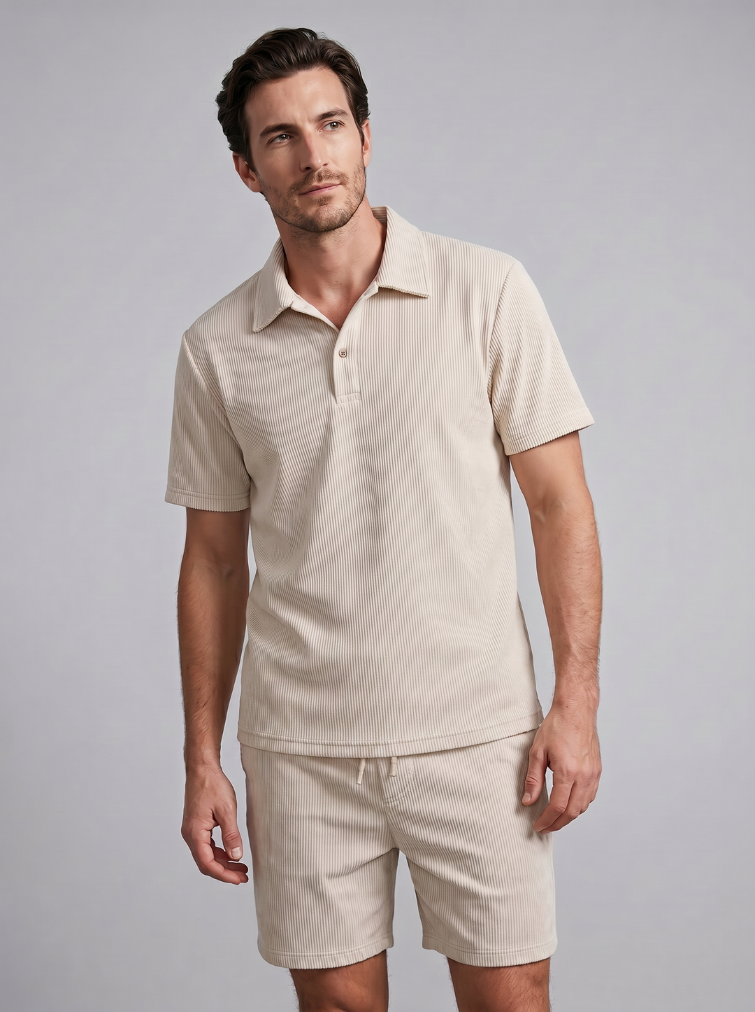 Corduroy Poloshirt en Shorts Set Heren Slim Fit