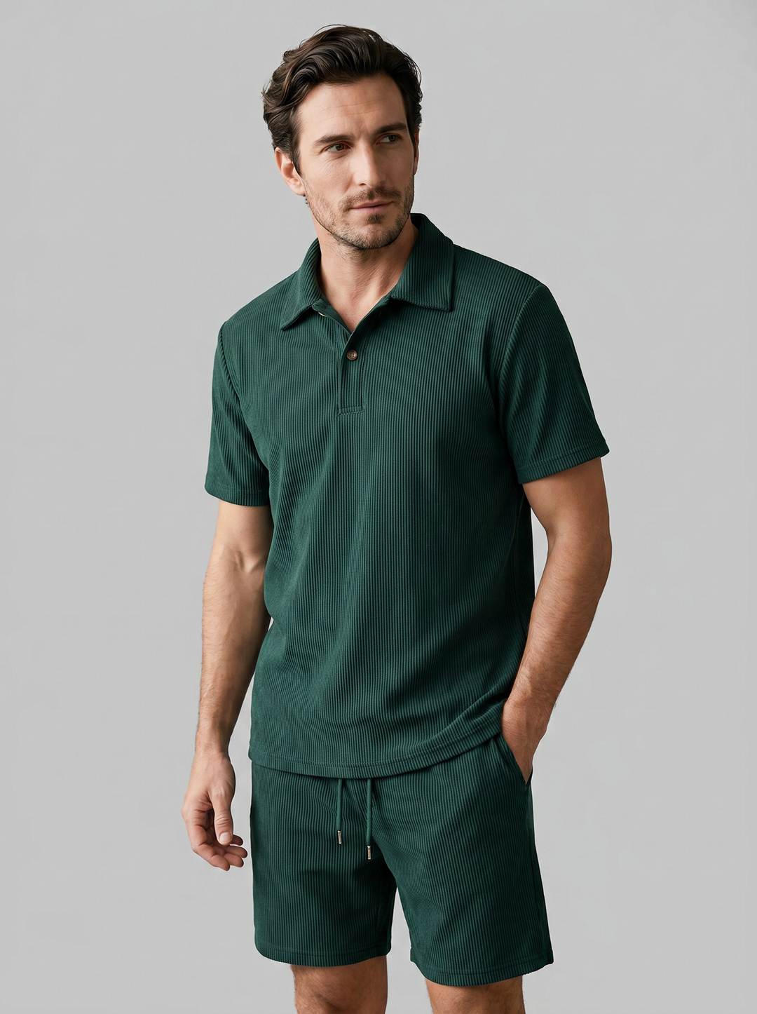 Corduroy Poloshirt en Shorts Set Heren Slim Fit