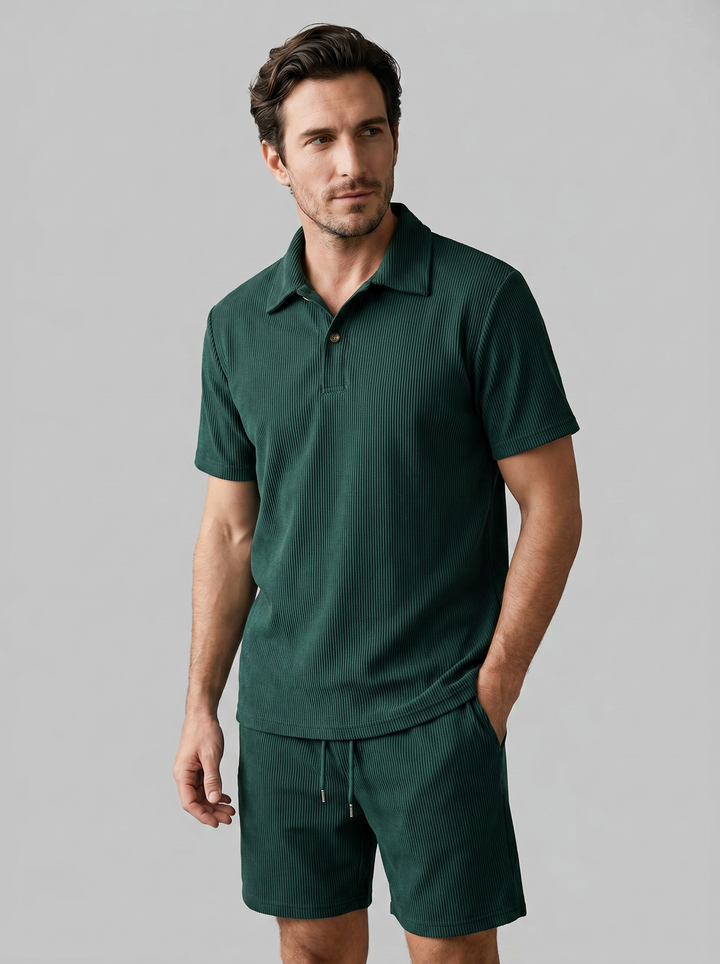 Corduroy Poloshirt en Shorts Set Heren Slim Fit