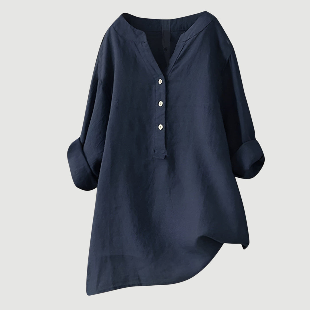 Luchtige Dames Tuniek Blouse Met V Hals En Knoopsluiting