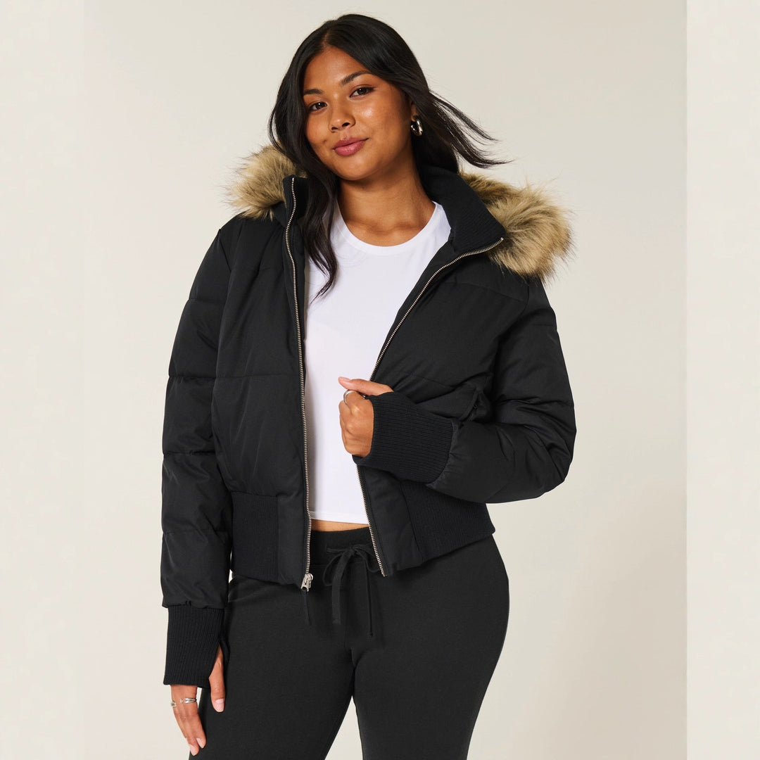 Dames Cropped lange mouwen Pufferjas met Capuchon
