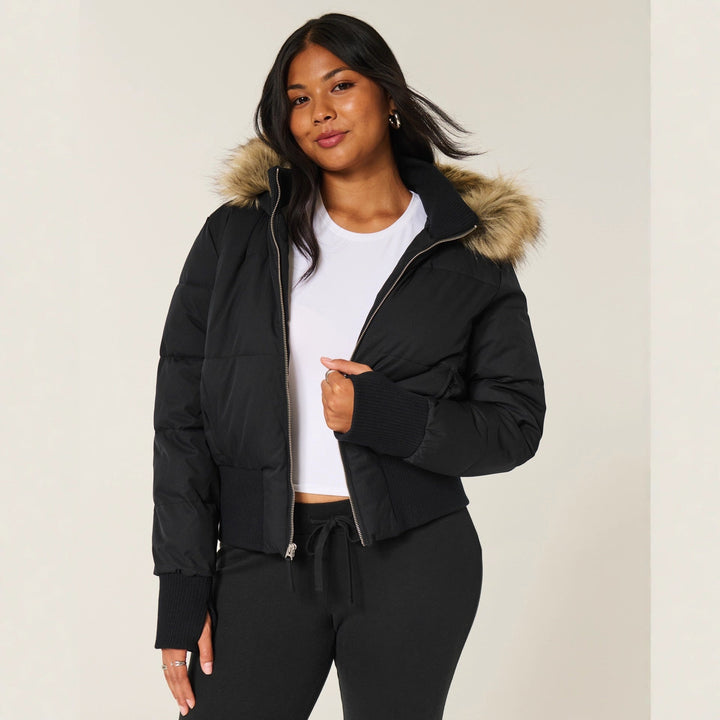 Dames Cropped lange mouwen Pufferjas met Capuchon