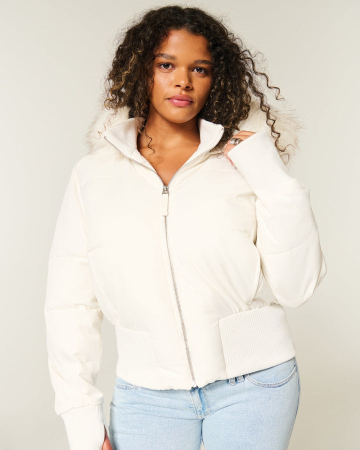 Dames Cropped lange mouwen Pufferjas met Capuchon