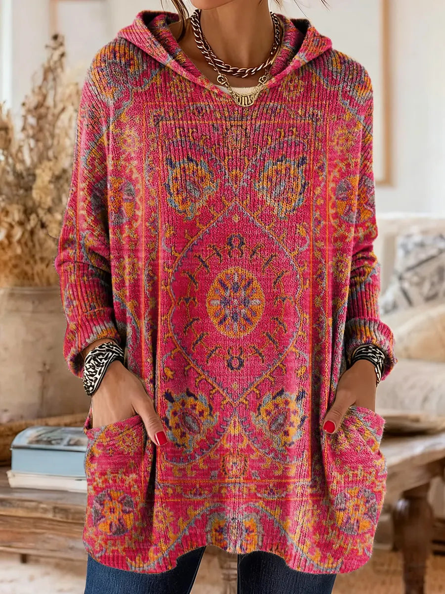 Vintage-geïnspireerde hoodie tuniek met zakken en etnische print