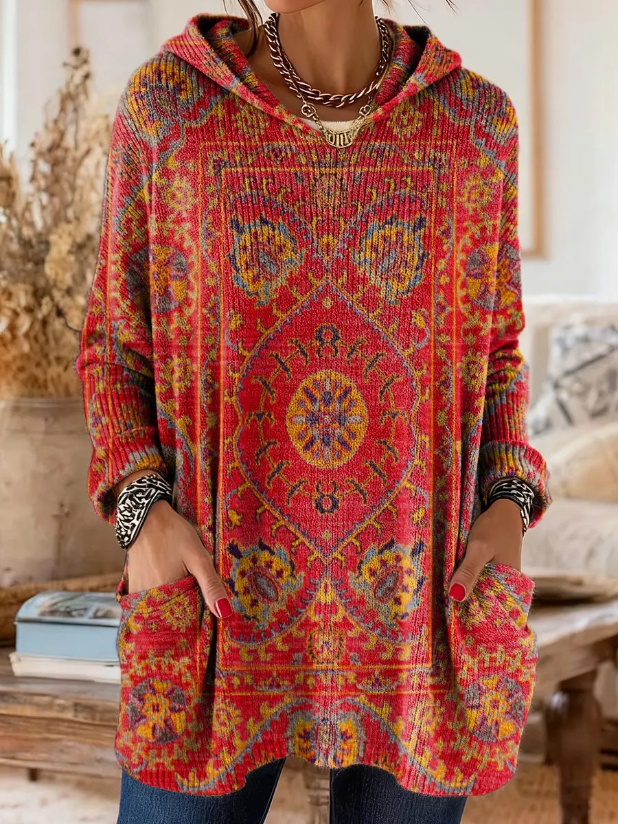 Vintage-geïnspireerde hoodie tuniek met zakken en etnische print