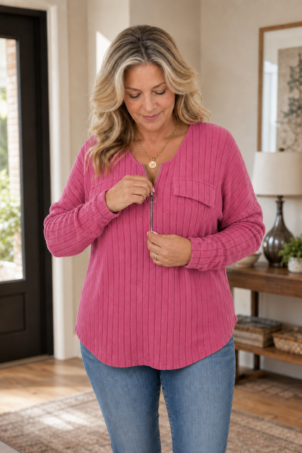 Veloura – Ribbels Adjustable Zip-Neck Knit Top