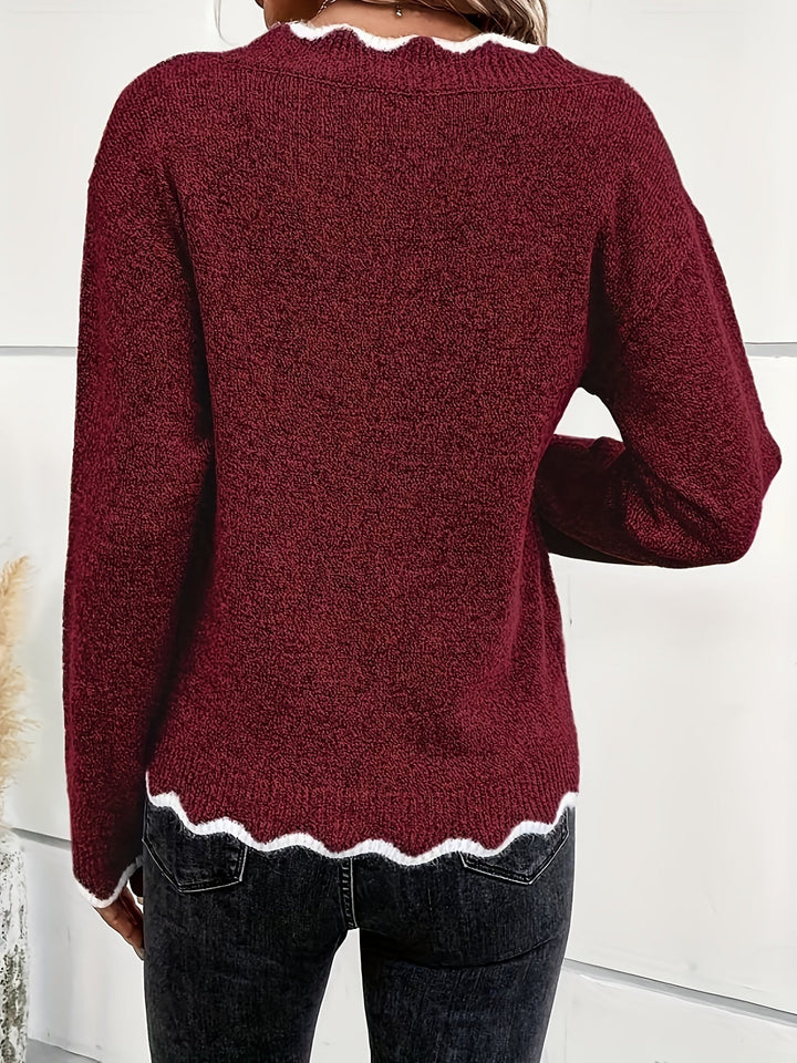 Elin | Elegante V-hals trui met scallop-afwerking en lange mouwen