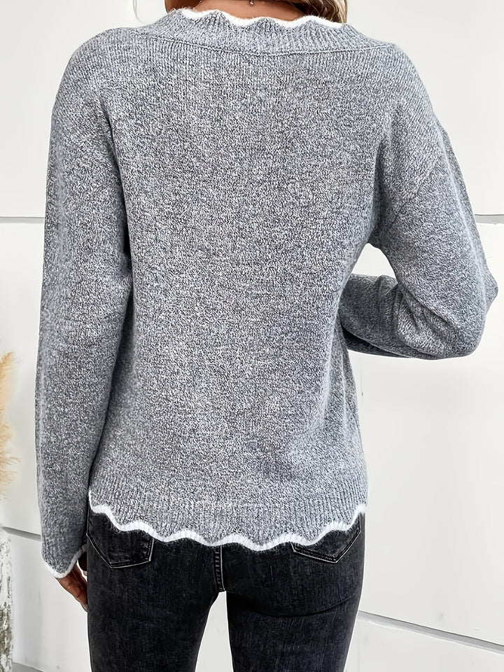 Elin | Elegante V-hals trui met scallop-afwerking en lange mouwen