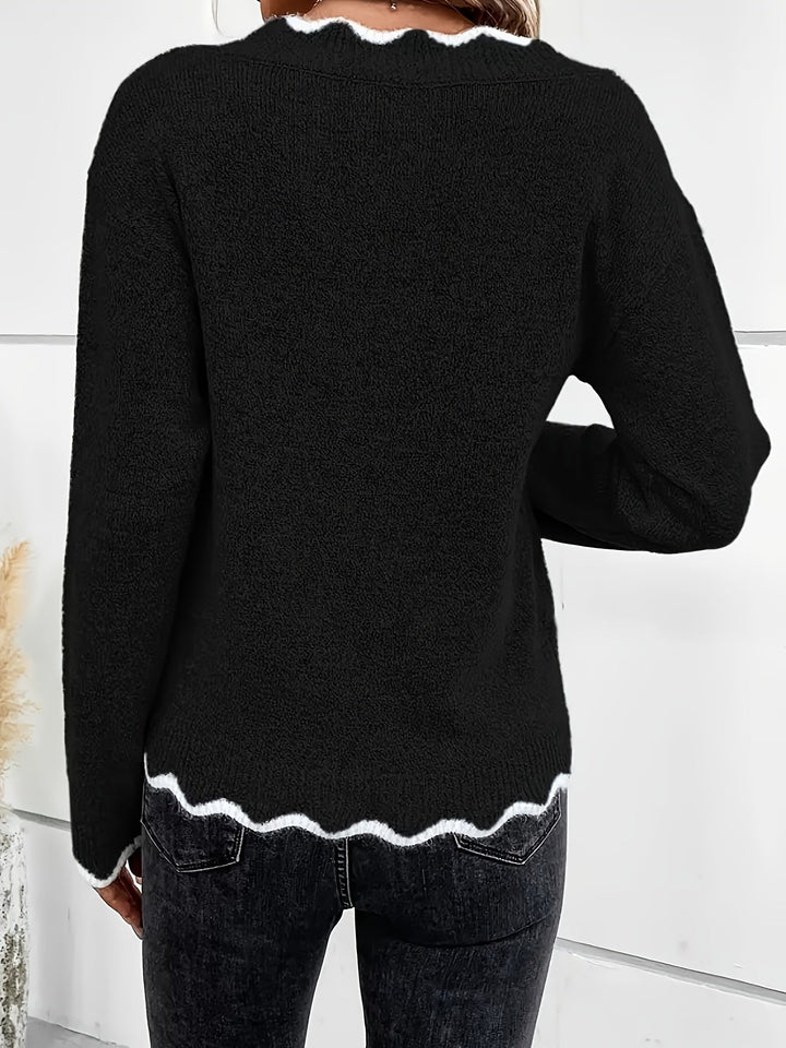 Elin | Elegante V-hals trui met scallop-afwerking en lange mouwen