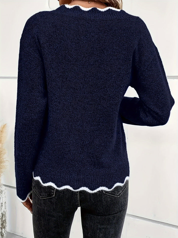 Elin | Elegante V-hals trui met scallop-afwerking en lange mouwen