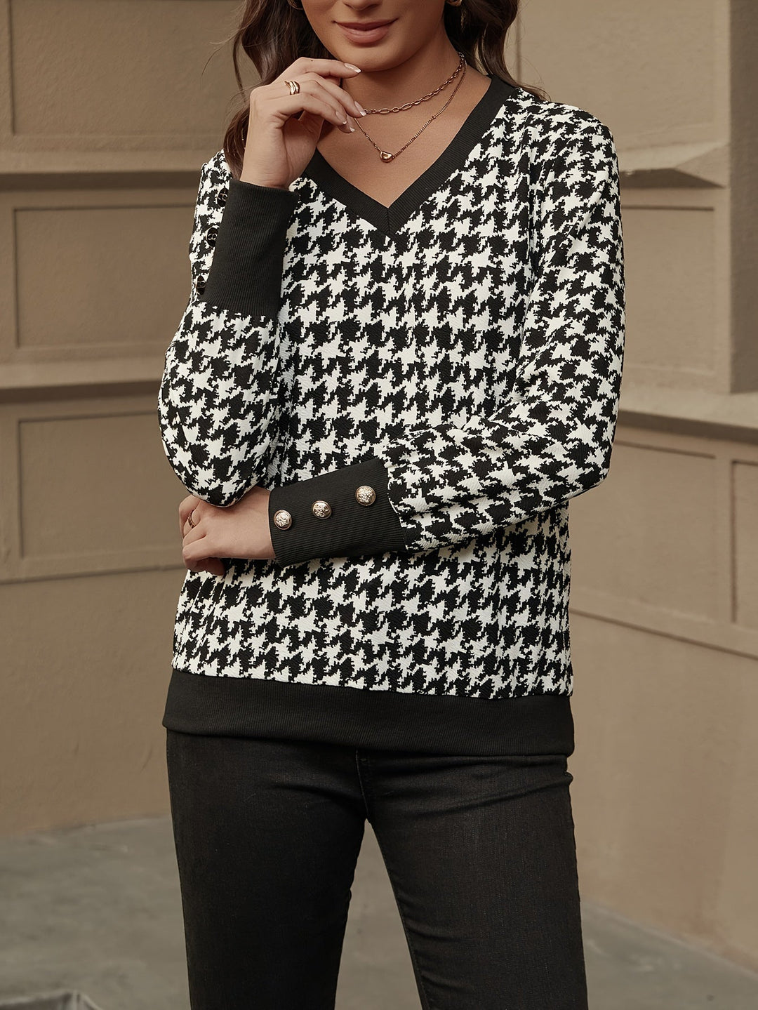 Elise | Elegant houndstooth V-hals sweatshirt