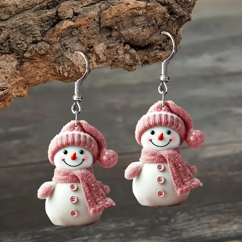 Elise | Schattige kerst sneeuwpop oorbellen met roze hoed en sjaal