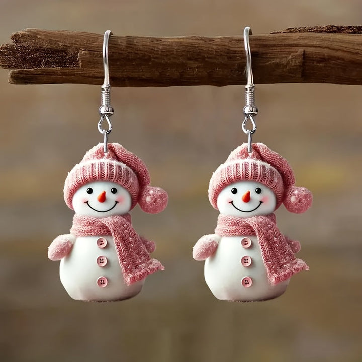 Elise | Schattige kerst sneeuwpop oorbellen met roze hoed en sjaal
