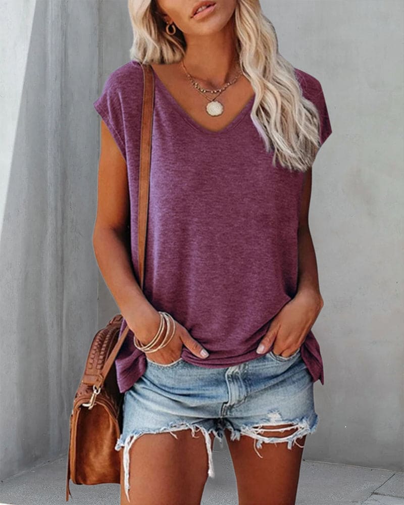 Comfortabele Vrouwen Zomer Top met V Hals en Losse Pasvorm
