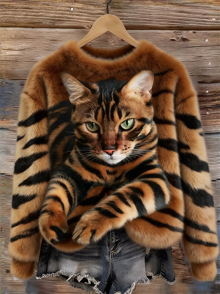 Gezellig Pluche Sweatshirt met een Tijger- en Tabby-Kitten-Design