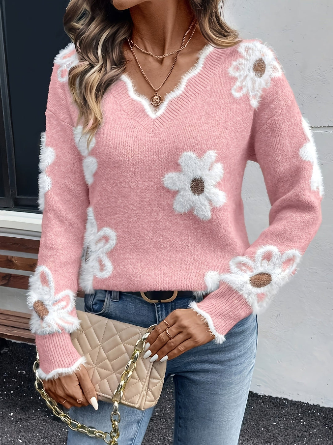 Lory - Elegante V-hals Bloemen Trui