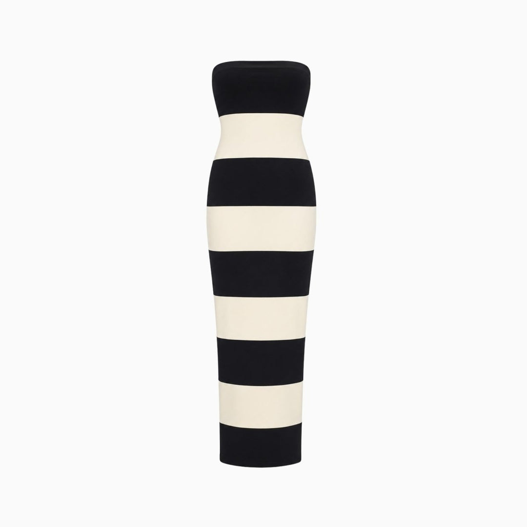 Gestreepte Maxi Jurk Dames Strapless Zwart Crème