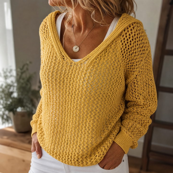Delyne – Dames Open-Knit Hooded Pullover