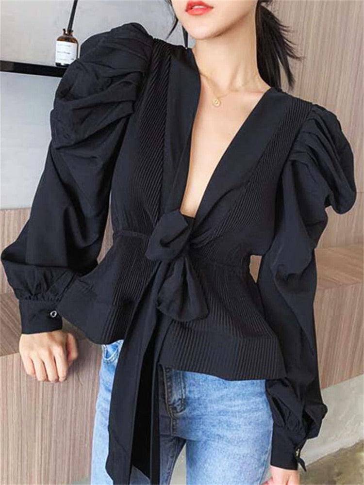 Käthe | V-hals Blouse met Pofmouwen