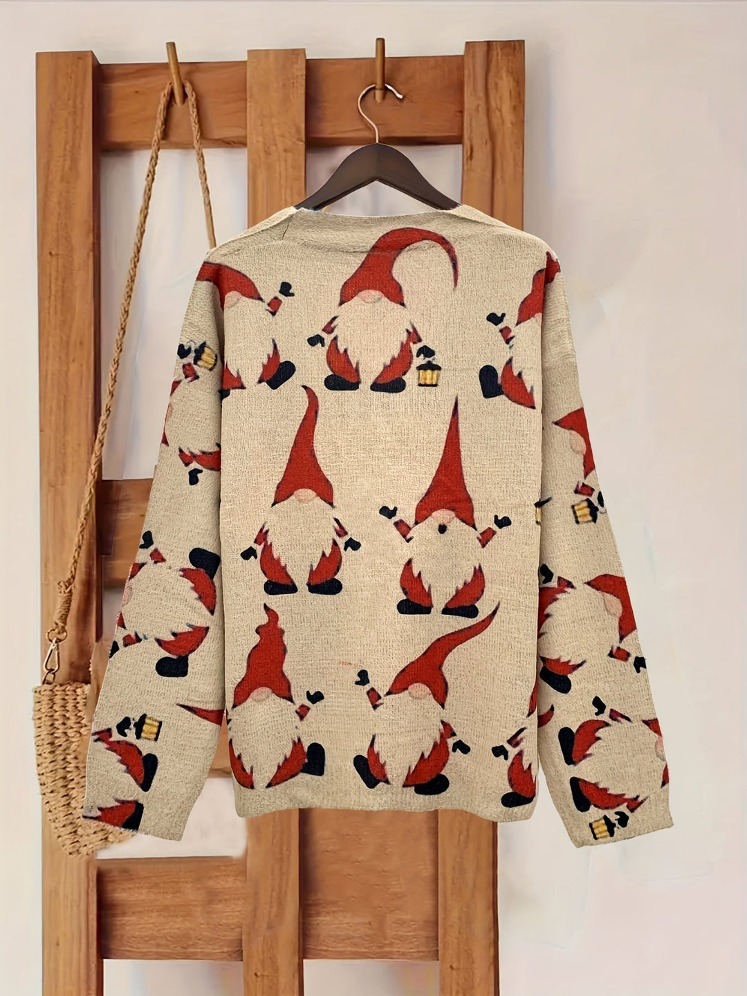 Lara | Gezellig kerstman print vest met lange mouwen en V-hals