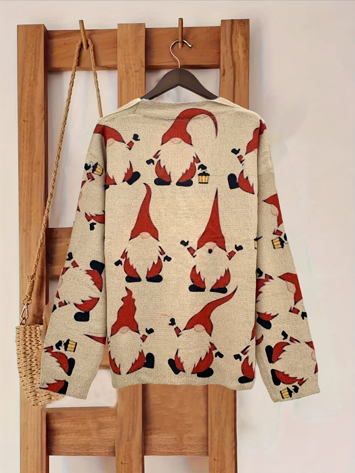 Lara | Gezellig kerstman print vest met lange mouwen en V-hals