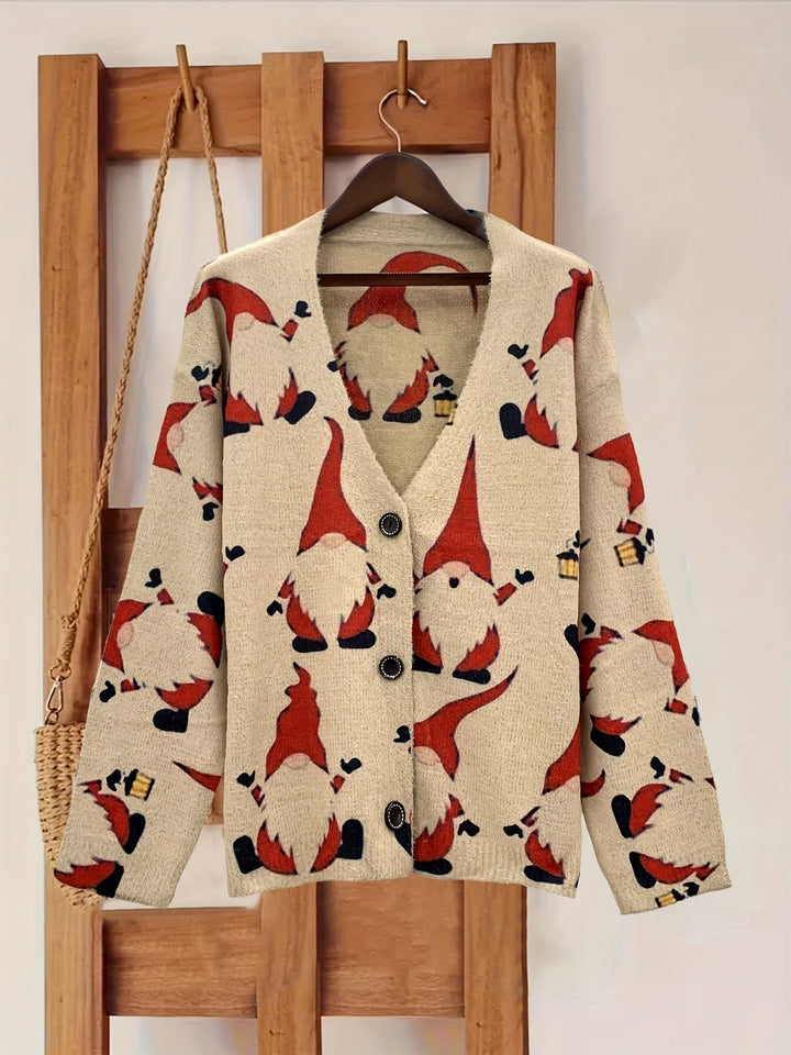Lara | Gezellig kerstman print vest met lange mouwen en V-hals