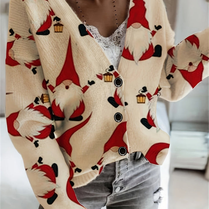 Lara | Gezellig kerstman print vest met lange mouwen en V-hals