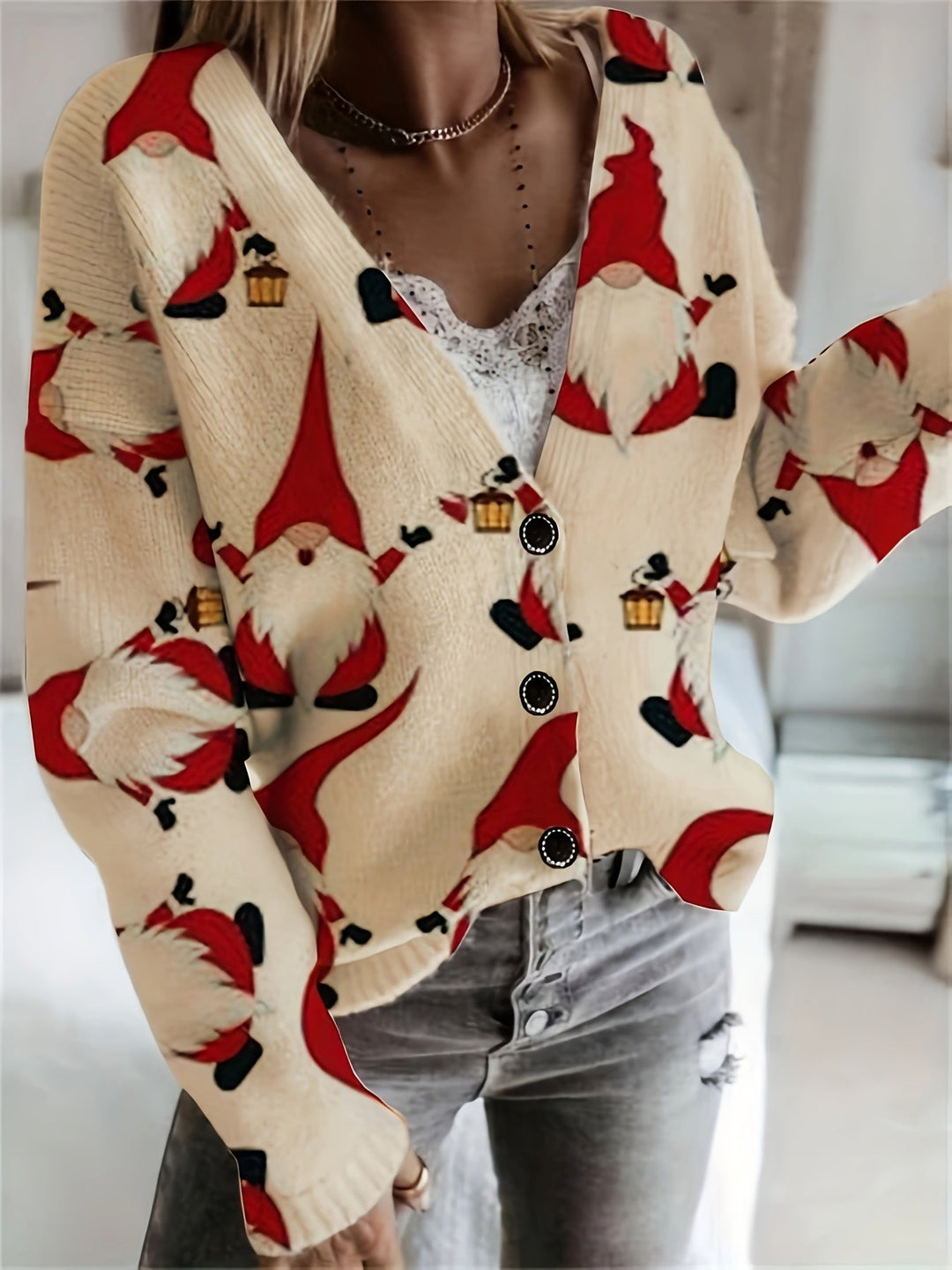 Lara | Gezellig kerstman print vest met lange mouwen en V-hals
