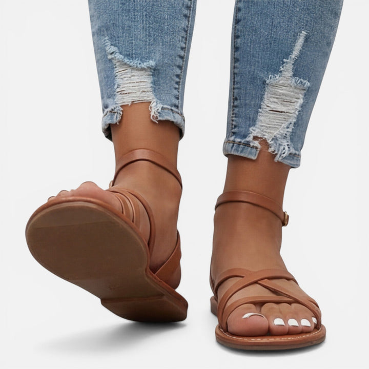 Leren Sandalen Dames Plat Met Enkelbandje Casual