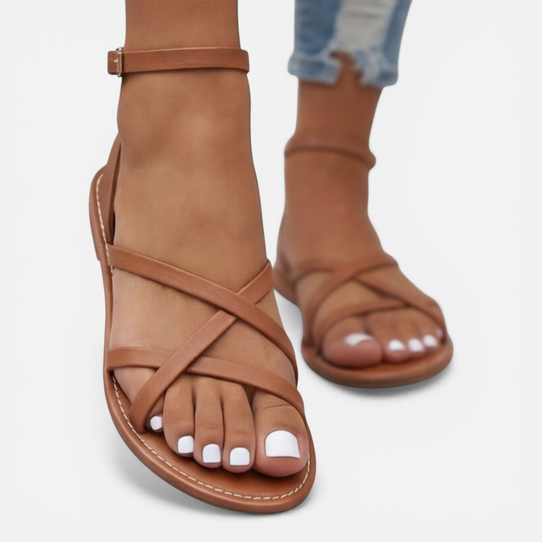 Leren Sandalen Dames Plat Met Enkelbandje Casual