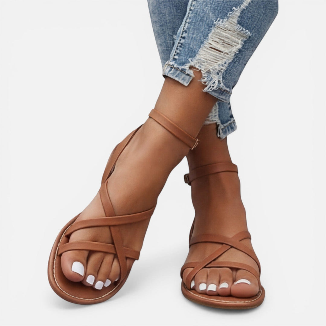 Leren Sandalen Dames Plat Met Enkelbandje Casual