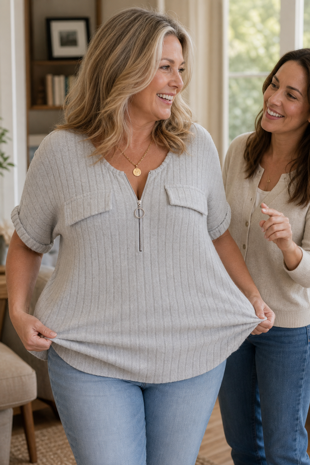 Veloura – Ribbels Adjustable Zip-Neck Knit Top
