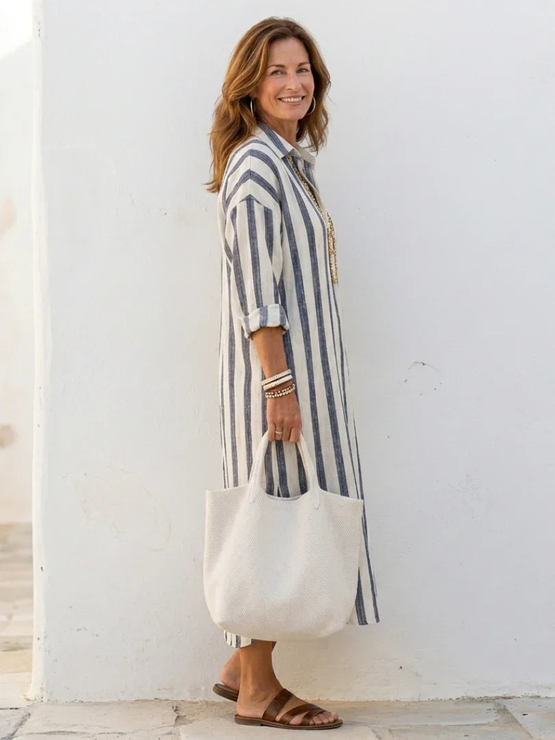Linnen Maxi Jurk Dames Relaxed Fit Kraag Knoopsluiting