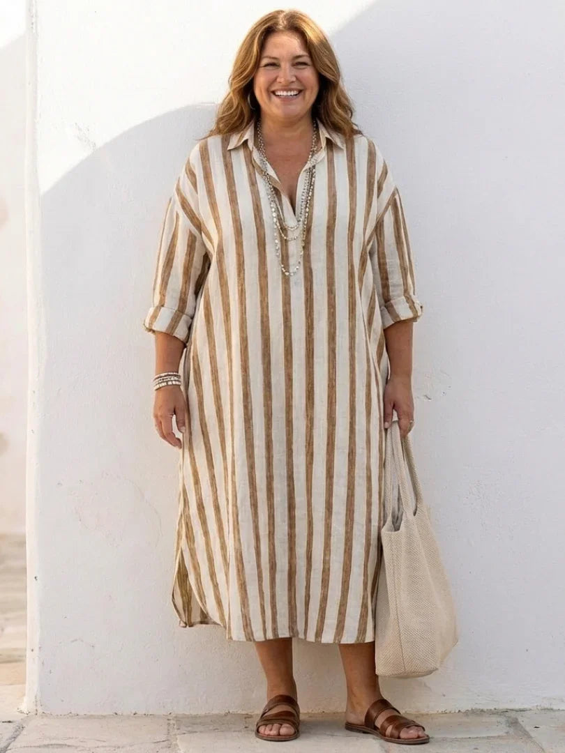 Linnen Maxi Jurk Dames Relaxed Fit Kraag Knoopsluiting