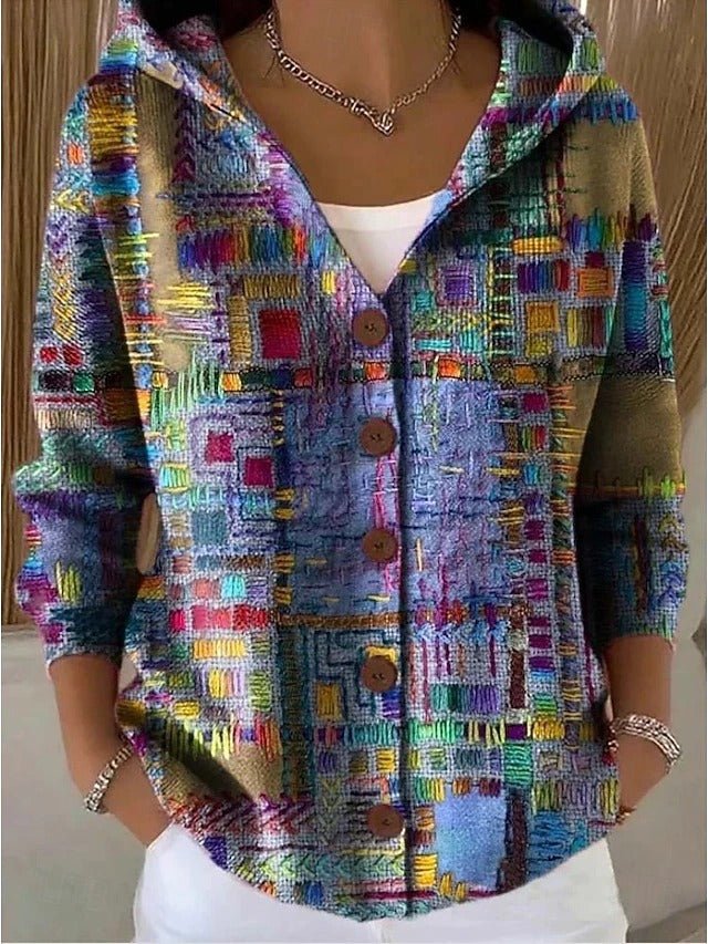 Dames Patchwork Hoodie Cardigan met Kleurrijk Patroon