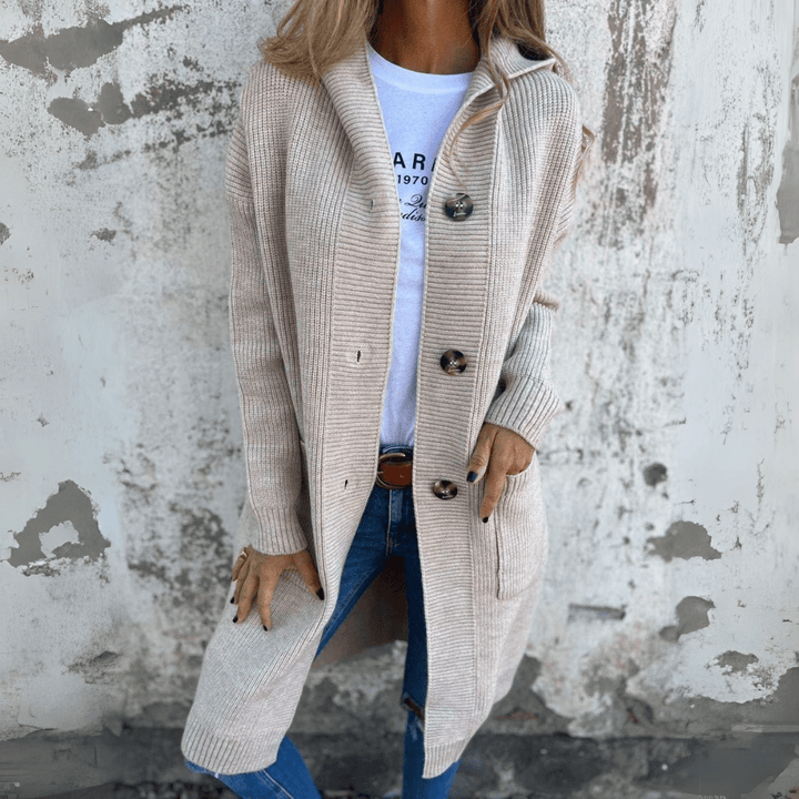 Dames Lange Knopen Cardigan met Staande Kraag