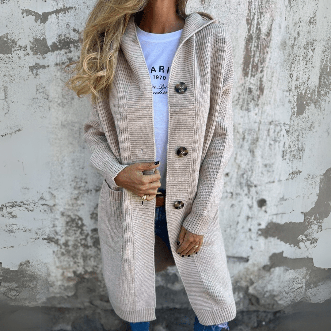 Dames Lange Knopen Cardigan met Staande Kraag
