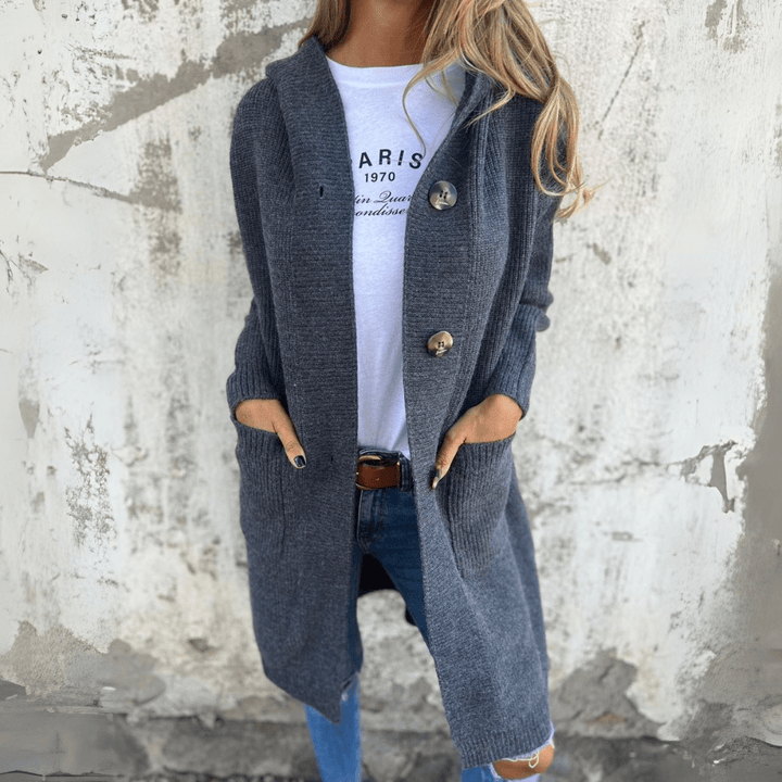 Dames Lange Knopen Cardigan met Staande Kraag