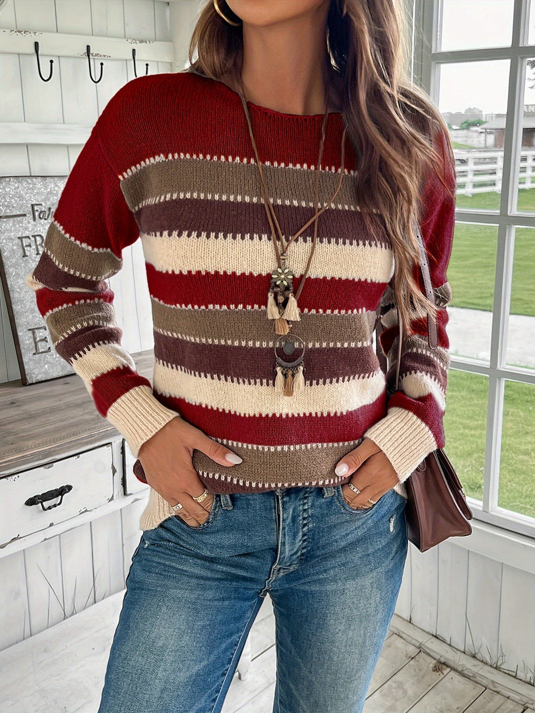 Lotte | Kleurrijke crew neck sweater met drop shoulder en lange mouw
