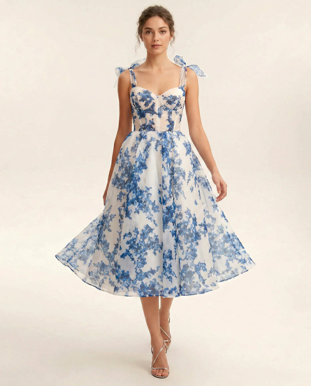 Midi Jurk Dames Bloemenprint Organza Hartvormig Lijfje