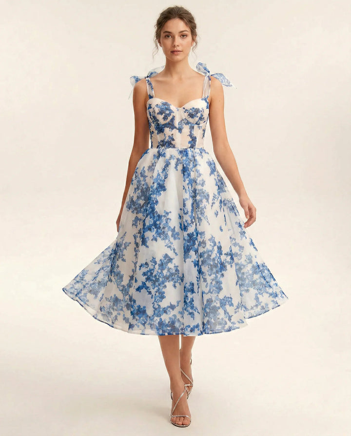 Midi Jurk Dames Bloemenprint Organza Hartvormig Lijfje