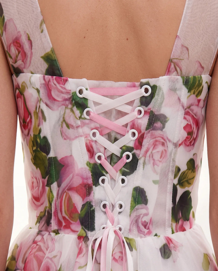 Midi Jurk Dames Bloemenprint Organza Hartvormig Lijfje