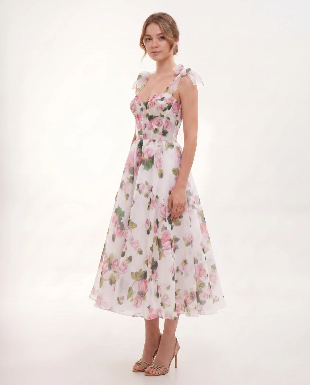 Midi Jurk Dames Bloemenprint Organza Hartvormig Lijfje