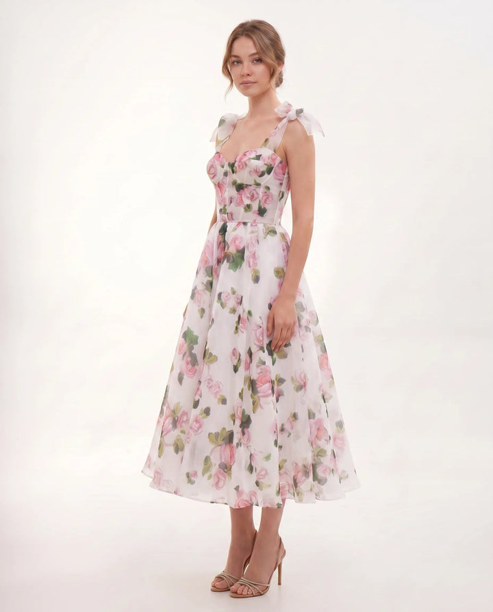 Midi Jurk Dames Bloemenprint Organza Hartvormig Lijfje